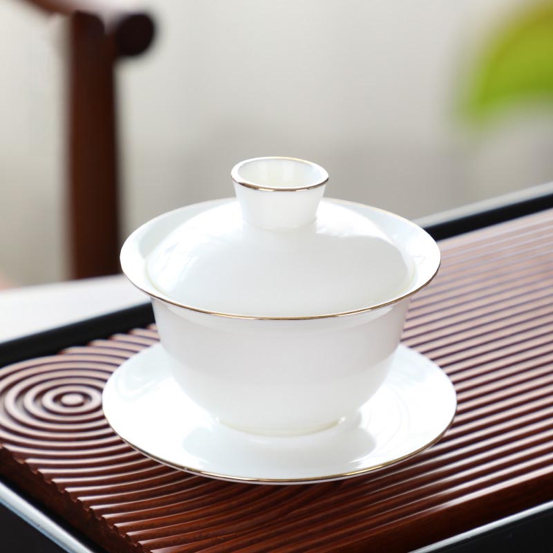 方然羊脂玉盖碗茶杯金边款120ML