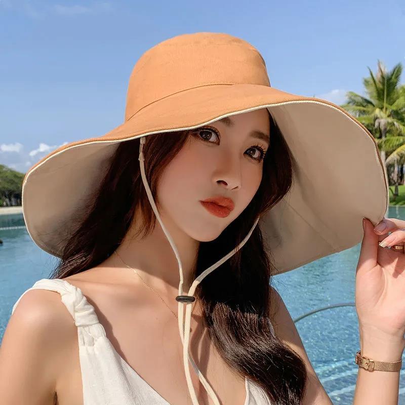 南极人帽子女夏季遮阳帽渔夫帽百搭大帽檐遮脸太阳帽防晒 橘色和米色