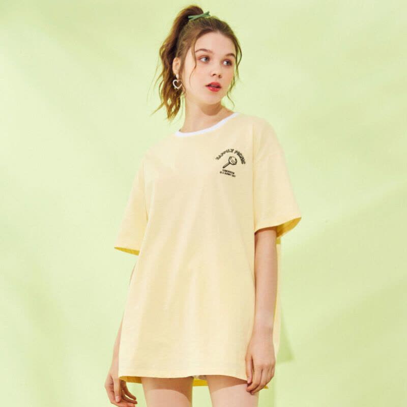 拉夏贝尔大版T恤女短袖夏中长款宽松上衣印花女式T恤图片