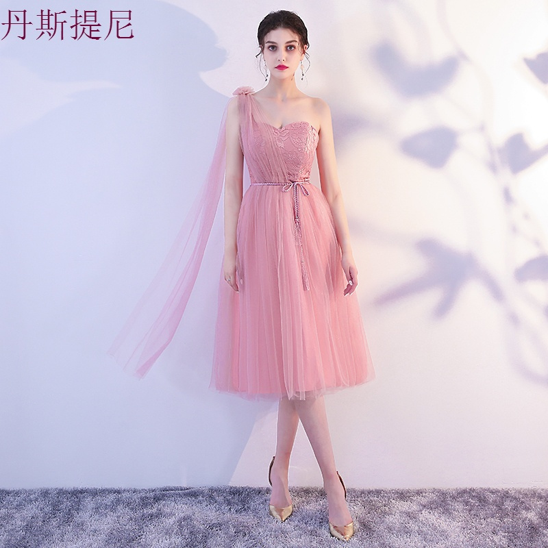 豆沙色伴娘礼服女2018新款韩版姐妹团伴娘服中长款伴娘裙洋装礼服