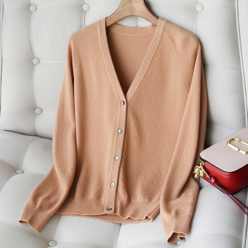 春秋v领针织衫山贵气桂花针开衫女纯色长袖短款版毛衣羊绒薄外套