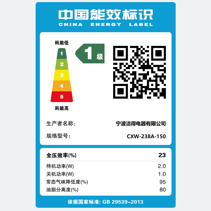 洁得CXW-238A-150热除油体感侧吸式吸油烟机(不含安装)