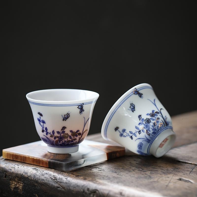 家柏饰(CORATED)品茗茶杯青花瓷陶瓷杯家用功夫饮茶杯描金兰花建盏简约主人杯z高清大图