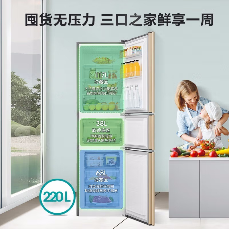海信(Hisense)220升冰箱三门冰箱 节能低噪冰箱 风冷无霜 家用小冰箱 BCD-220WYK1DQ