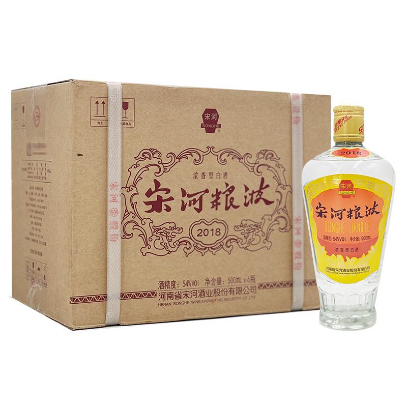 老酒 宋河粮液 54度 复古版 玻璃瓶 光瓶 浓香型白酒 2019年 500mlx6瓶