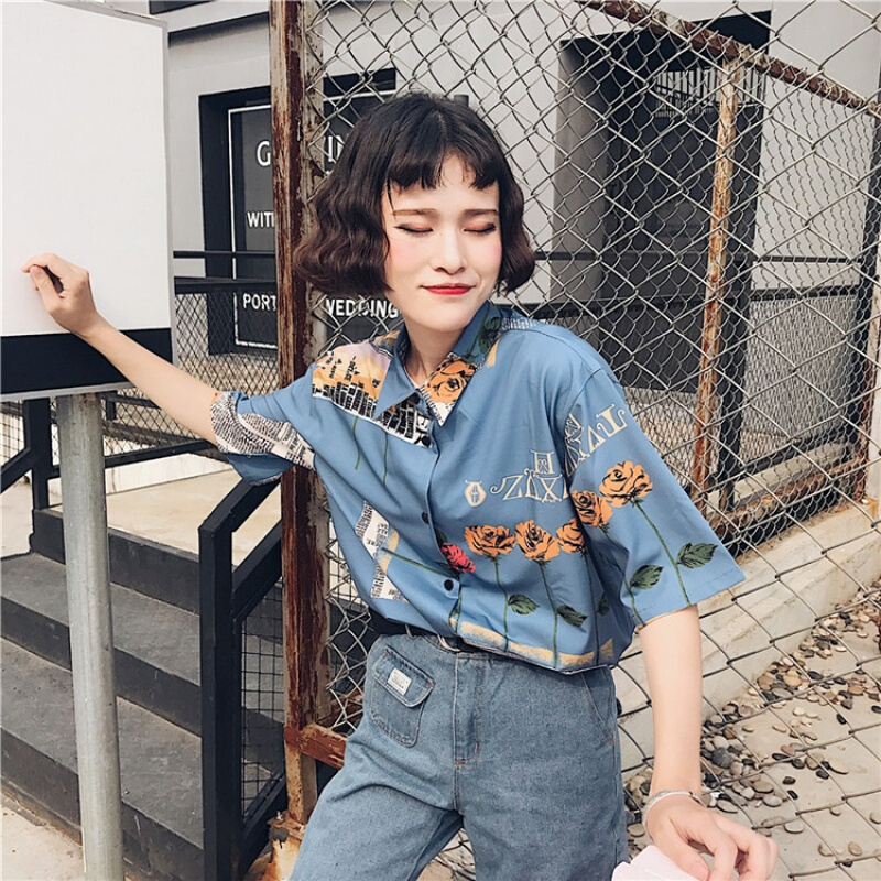 2018衬衣玫瑰花美式男朋友风复古衬衫中袖印花中生衬衫女蓝色