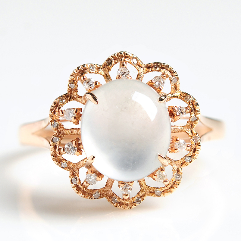 18k镶嵌翡翠戒指蛋面玉石指环女款圆形戒面饰品带证书送女朋友七夕