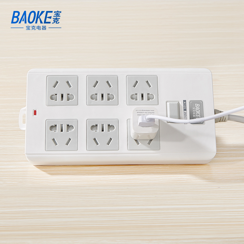 宝克(BAOKE)K326-3K 3m插线板 新国标延长线插座6位组合总控开关 2500W MAX 白色 1个高清大图