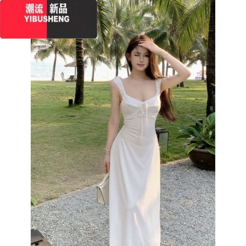 YIBUSHENG酒红色系带荷叶边吊带连衣裙女季纯欲风性感中长款收腰a字裙子图片