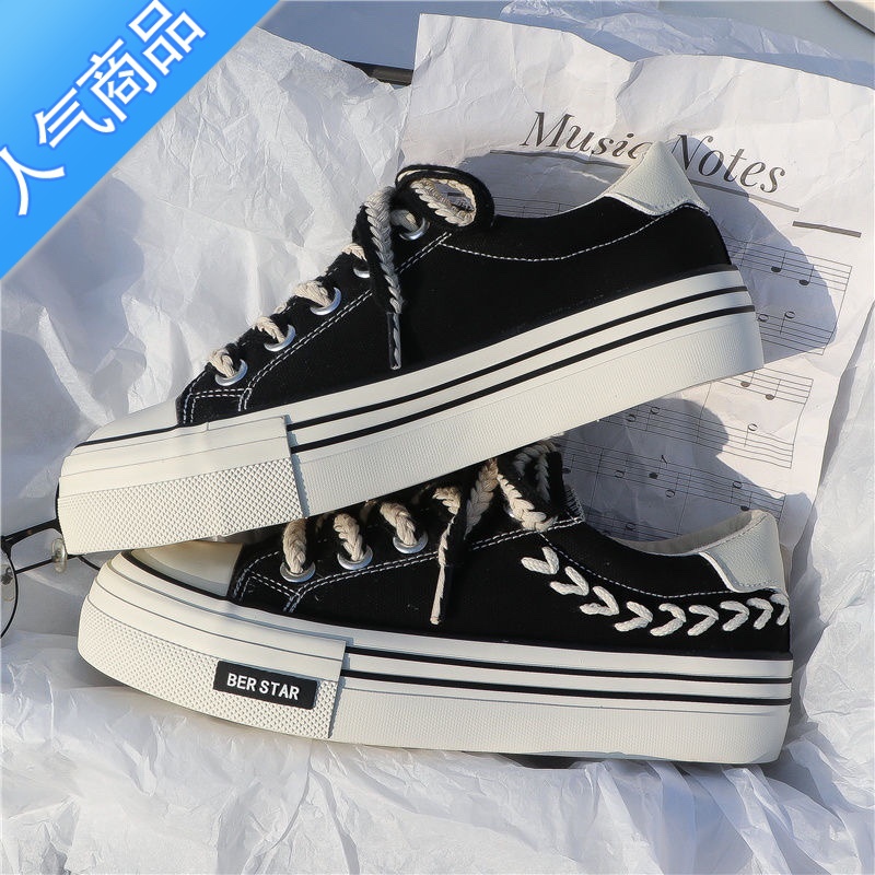 SUNTEK麦穗帆布鞋女港风小白鞋chic小众设计感2023春季百搭厚底休闲板K高清大图