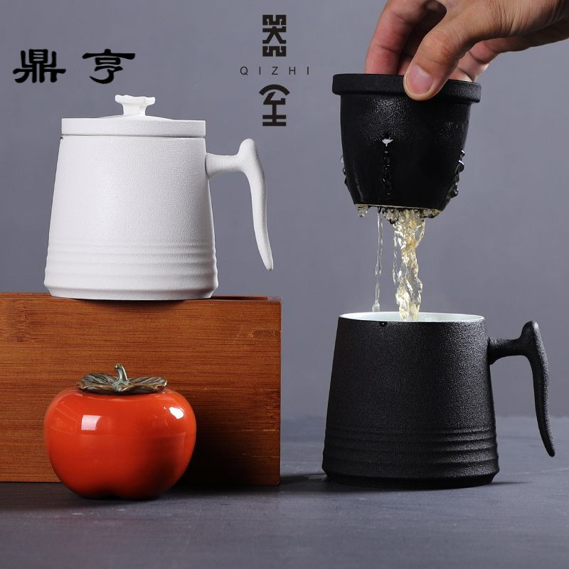 鼎亨创意马克杯定制陶瓷带盖过滤茶杯办公室泡茶杯子情侣水杯抖音