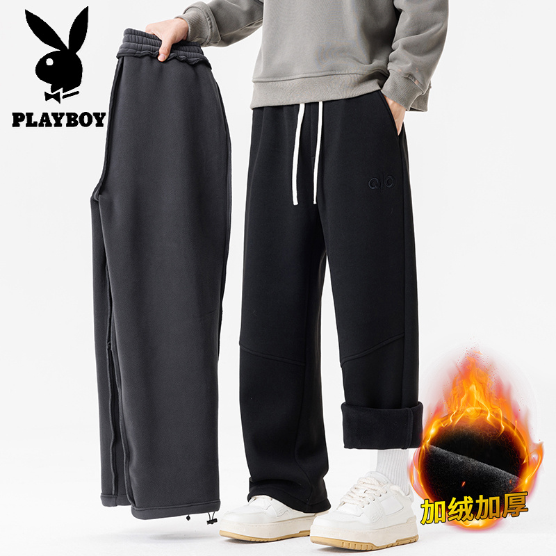 花花公子新款冬季加绒加厚奥粒绒休闲裤刺绣保暖德绒裤子-裤脚可调节高清大图