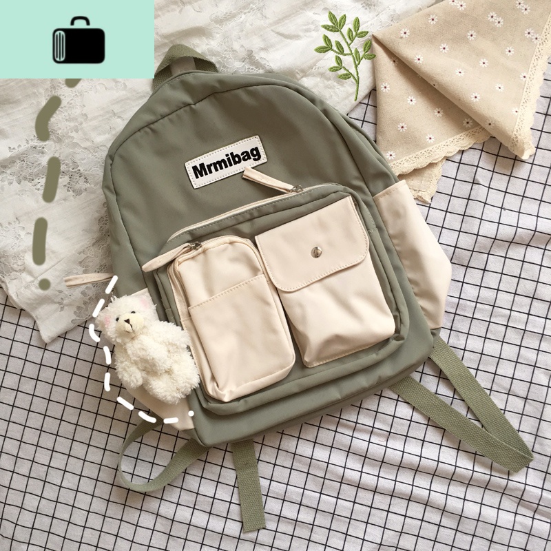 森系古着感书包韩版原宿ulzzang初中生日系ins风高中学生双肩包女NEW LAKE 果绿色+害羞小熊