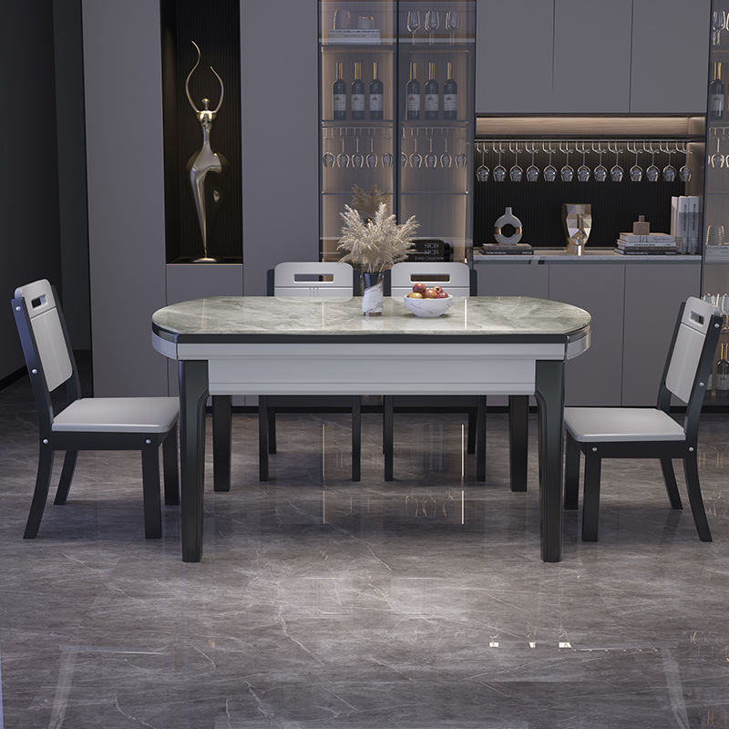 欧梵森 餐桌 意式亮光岩板餐桌轻奢实木可伸缩 折叠餐桌椅组合现代简约家用小户型圆桌长方形吃饭桌子欧式极简餐厅西餐桌高清大图