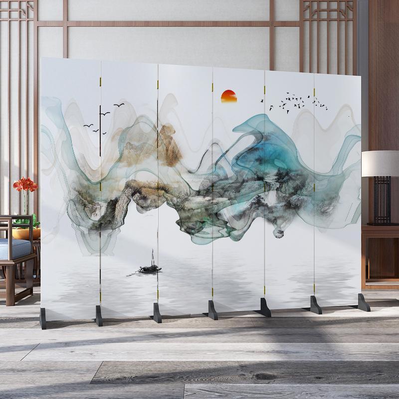 森美人北欧简约屏风隔断墙卧室遮挡家用客厅餐厅折叠移动布艺经济型折屏 桔红色花鸟山水5