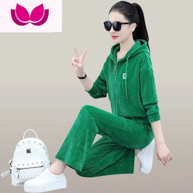 七斓休闲运动套装女2023年新款长袖连帽卫衣韩版减龄运动套 深绿色套装 XL建议115-130斤