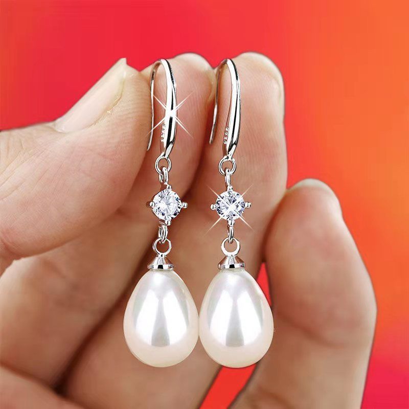 珍珠耳饰s925银耳钩进口钻石大水滴超闪送妈妈耳坠女耳环视频