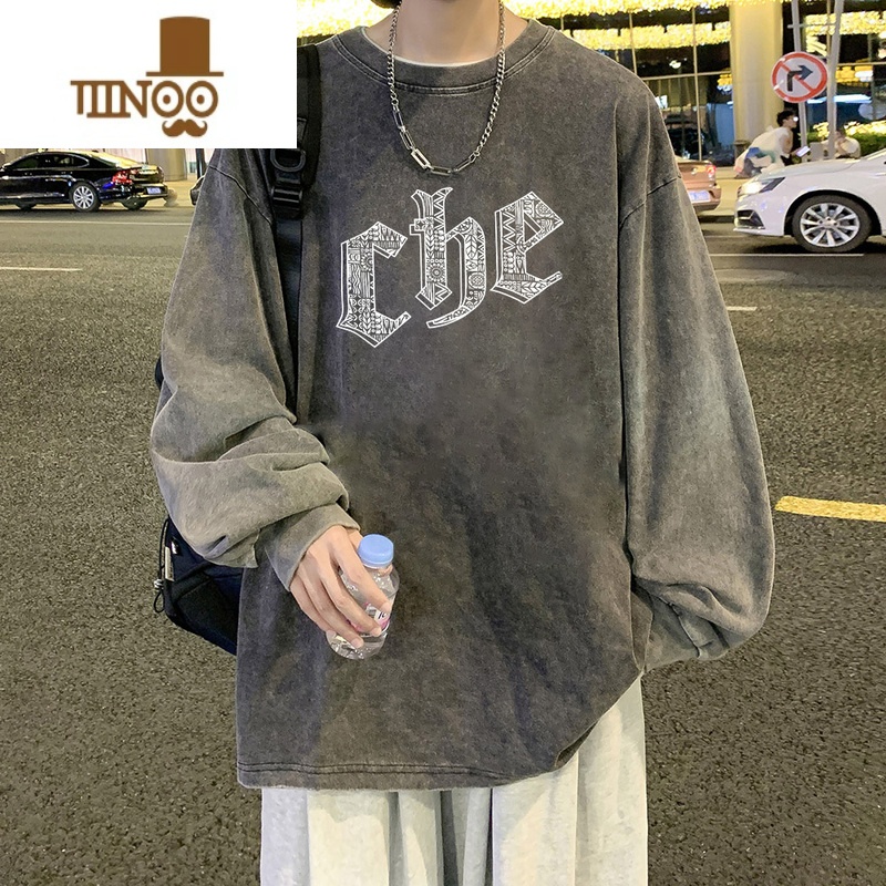 YANXU美式水洗长袖t恤男生ins宽松百搭圆领卫衣oversize高街潮牌打底街高清大图