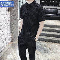 gurunvani 网红条纹polo衫套装男潮牌潮流短袖T恤九分裤男装搭配一套帅气夏装大码