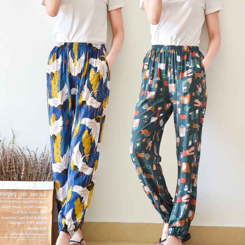 suntek春夏睡裤女棉绸长裤人造棉宽松薄款收口防蚊裤灯笼裤家居裤可外