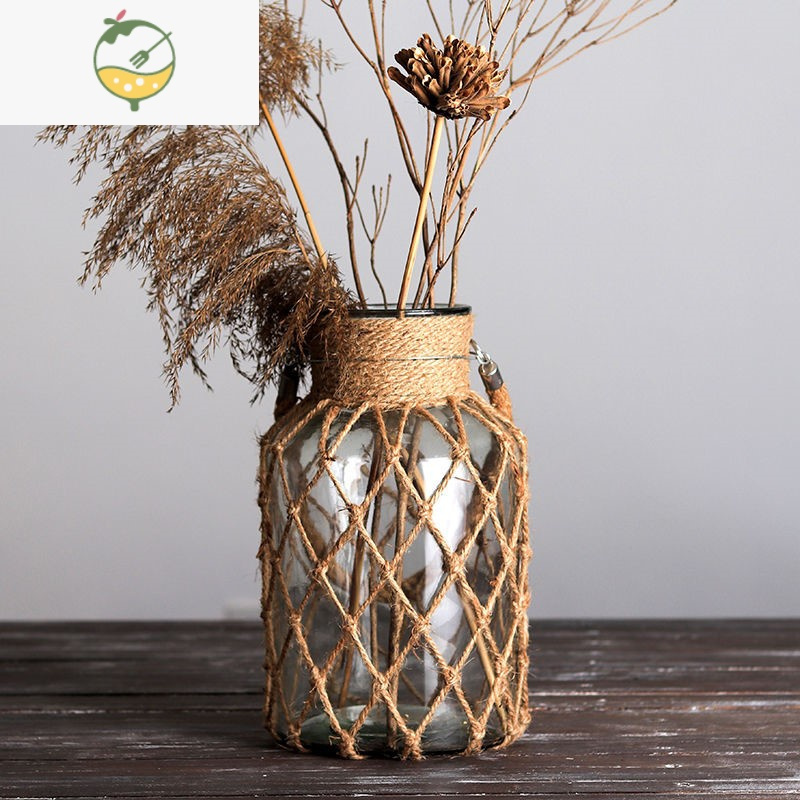 yicheng复古麻绳麻线玻璃花瓶手工编织美式乡村创意水培花瓶桌面摆件