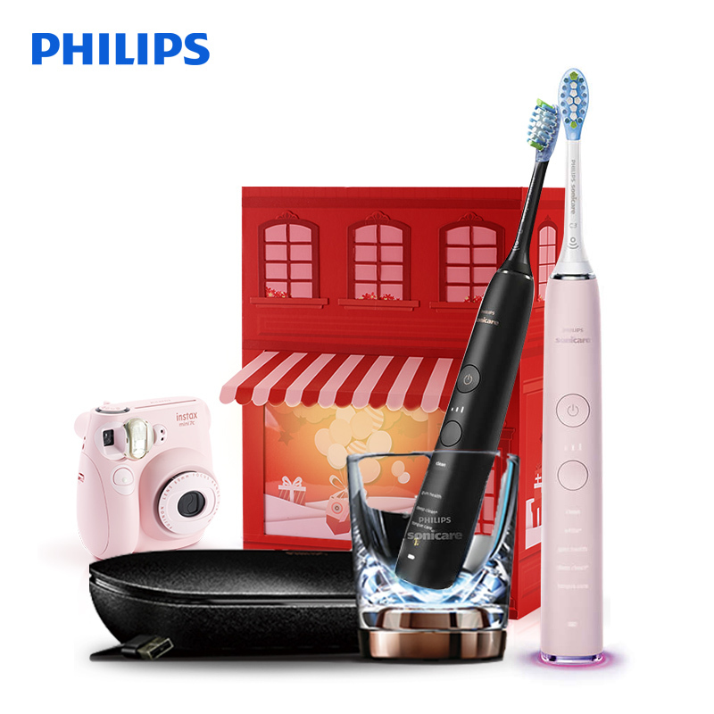 飞利浦(Philips)电动牙刷情侣款 声波震动式牙刷 拍立得礼盒 充电式成人蓝牙版情人节礼物HX9924黑+粉