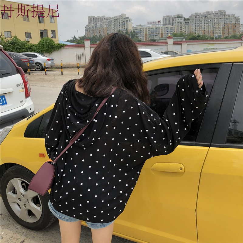 秋装女装韩版休闲宽松波点连帽薄款套头卫衣中长款长袖上衣外套潮