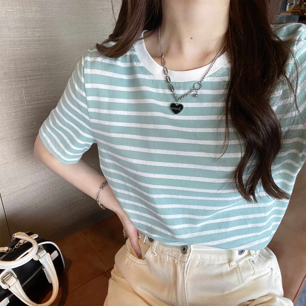 [1折价29.9元叠加优惠券]唐狮短袖T恤女夏季新款圆领条纹韩系简约chic时尚百搭高清大图