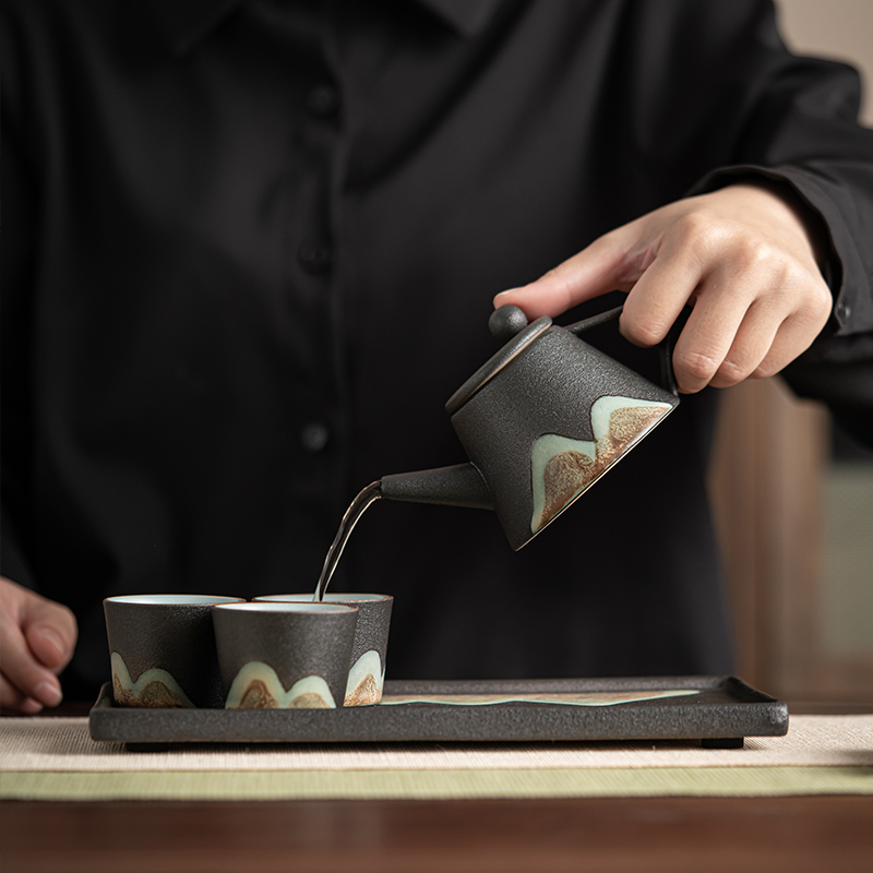 苏氏陶瓷 SUSHI CERAMICS 手绘彩画整套茶具山形画茶壶茶杯子配干泡茶盘小茶叶罐7件功夫茶具套装礼盒装