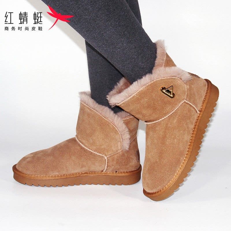 红蜻蜓雪地靴女鞋冬季加绒棉鞋女纯色保暖鞋休闲防水厚底短筒靴棉靴子女图片