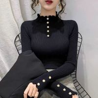木耳边半高领加厚打底衫毛衣女2023秋冬新款修身针织套头洋气上衣 M建议【101-115】斤 黑色【优质毛衣加厚】