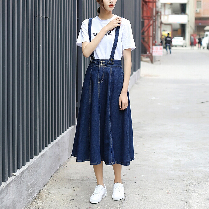 牛仔背带裙牛仔裙夏季女2018新款韩版学生中长款高腰文艺半身裙子