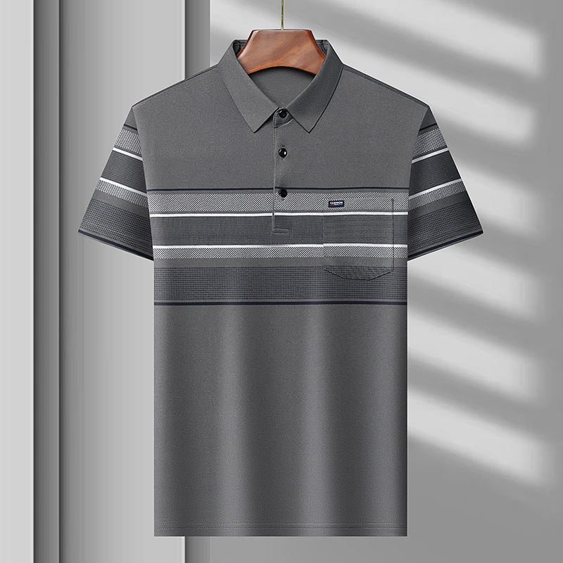 2025中老年男士休闲短袖T恤时尚印花装真口袋Polo衫上衣