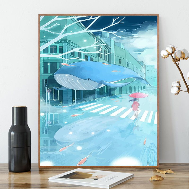 diy数字油画大鱼油彩画儿童手绘创意抽象蓝色鲸鱼装饰画清新天空 GX2427路飞 40*50cm画布颜料画笔(不带框)