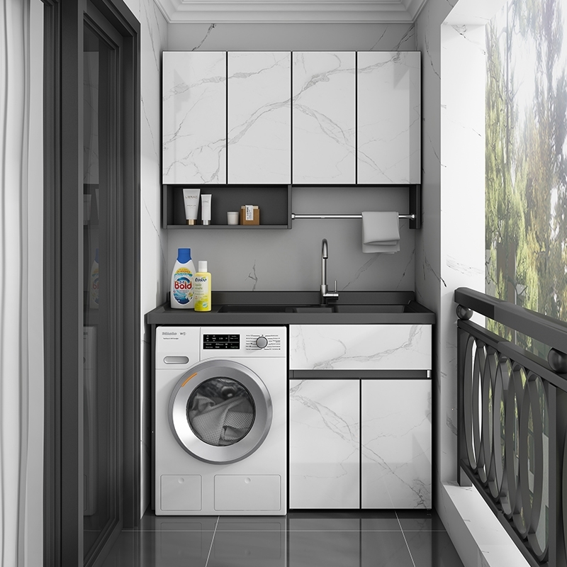 定制定制太空铝阳台洗衣机柜组合人造岩石洗衣台池带搓板一体式古达