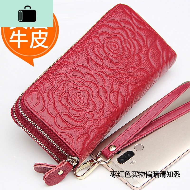钱包女皮长款钱包夹多层双拉链多功能大容量手包女士手拿包NEW LAKE 酒红色枣红山茶花，双拉