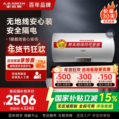 AO史密斯(A.O.Smith)50升2000W 电热水器 E50VDS 金圭内胆 无地线 家用壁挂式储水式