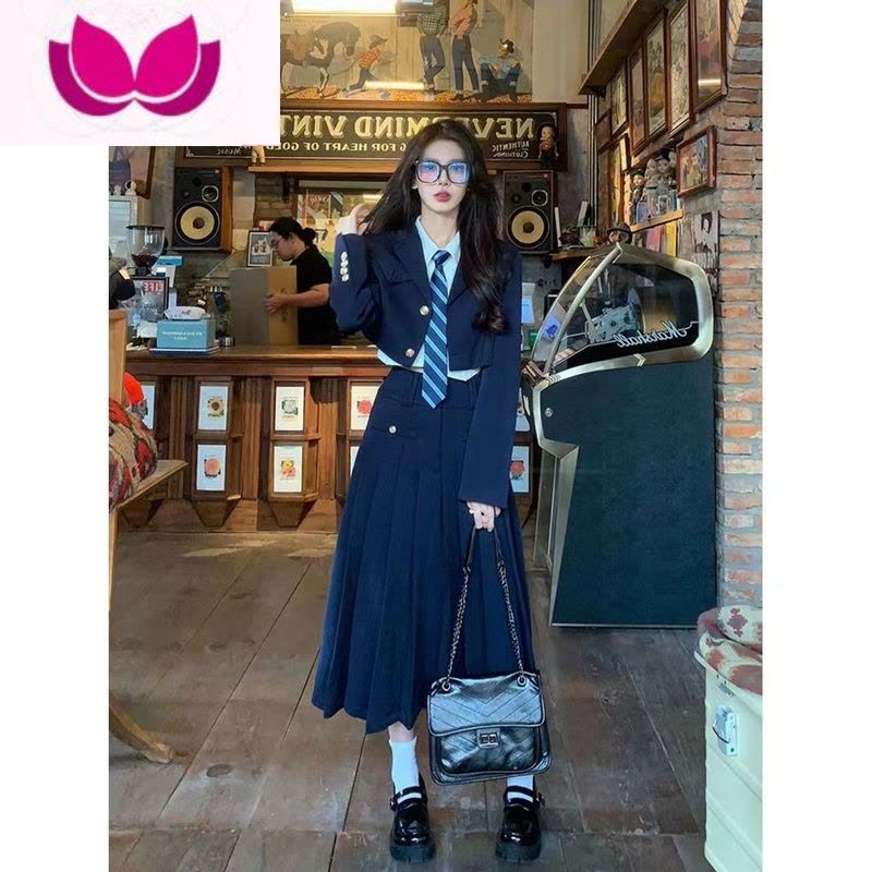 七斓韩系学院风jk制服西装套装女早春季显瘦西服外套百褶裙时尚三件套图片