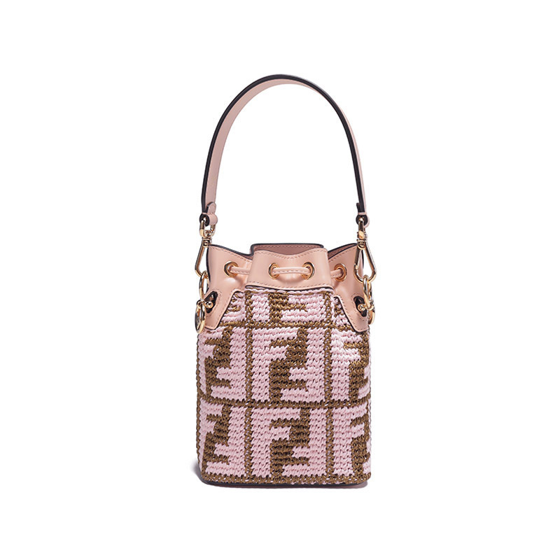 芬迪fendi女士montresor系列织物配皮钩编拉菲草手提单肩斜挎包抽绳包