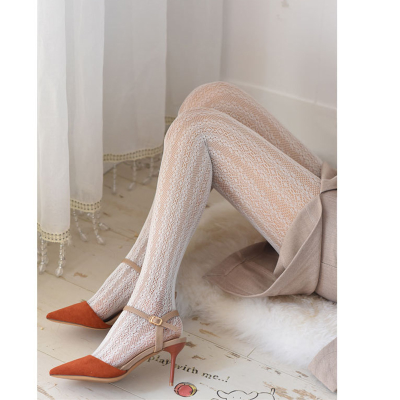 lolita镂空蕾丝网袜打底连裤袜日系洛丽塔复古花藤开档白色丝袜女竖条