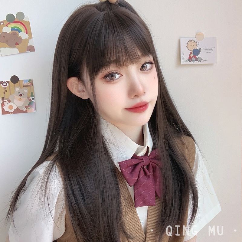 假发女长发jk日常黑长直全头套式 lolita假发中长发圆脸可爱 模特款[黑茶色]送五件套