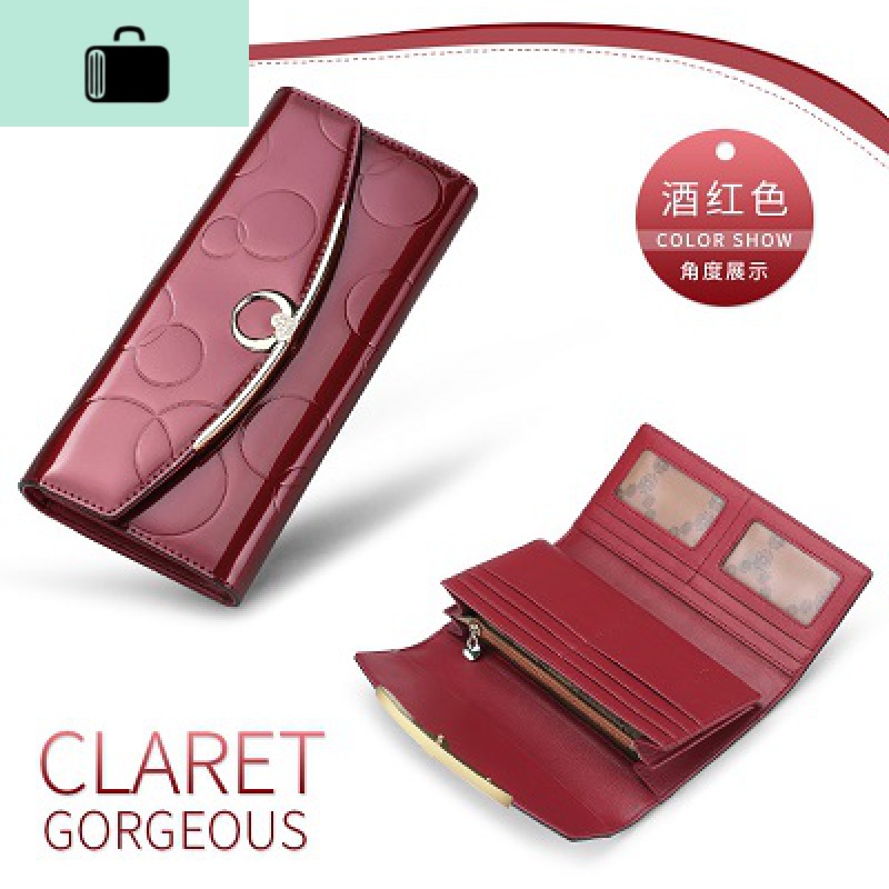 新款女士钱包牛皮两折钱夹长款钱包女欧美多卡位手拿包NEW LAKE 酒红色