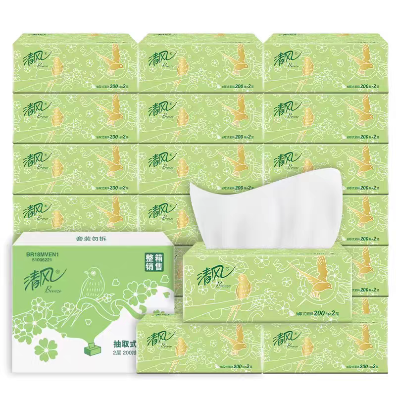 清风抽纸整箱淡绿花2层200抽3包面巾纸家用实惠装餐巾纸卫生纸巾高清大图