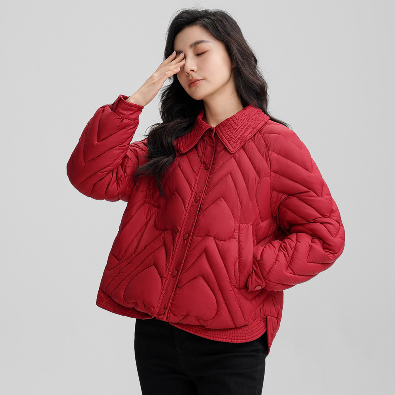 2024加厚新款翻领短款棉服外套女加厚小香风衬衫领宽松百搭棉衣女 红色 M