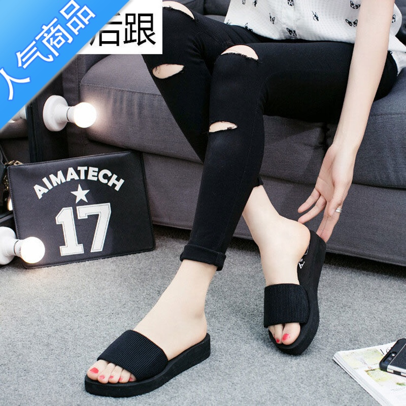 suntek坡跟拖鞋女外穿夏季黑色厚底新款一字拖鞋海边沙滩凉拖时尚高跟