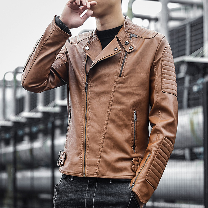 newlake皮衣男潮流韩版帅气仿真皮夹克立领斜拉链修身骑行服机车外套