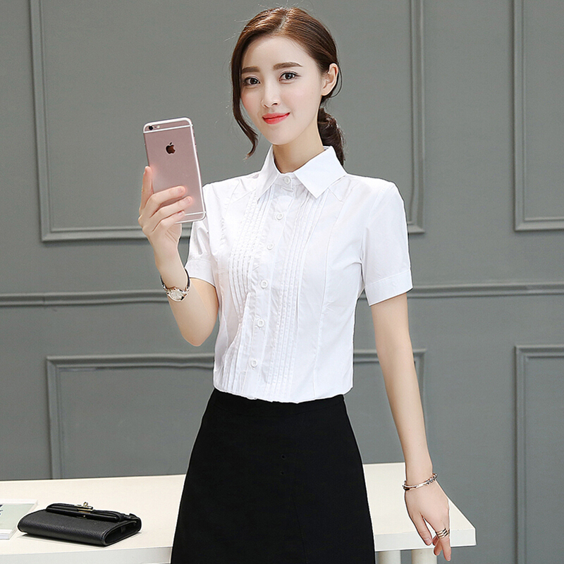 闽绣白衬衫女短袖职业正装工作服大码2018新款棉商务半袖女衬衣白色