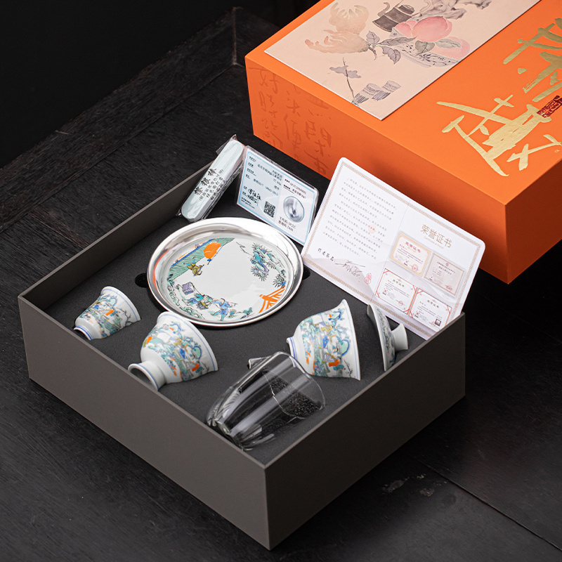苏氏陶瓷(SUSHI CERAMICS)鎏银游园图壶承盖碗小套装郑文强作品功夫茶具套组
