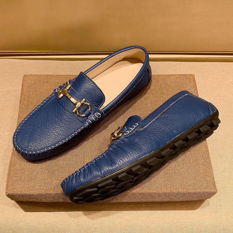 百丽牧貂bailimudiao轻奢潮牌手工缝制欧货轻奢真皮蓝色豆豆鞋男平底