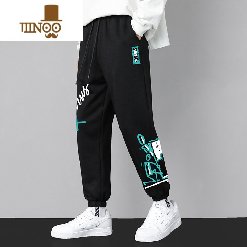 YANXU2023新款款潮牌休闲裤男宽松哈伦裤美式高街印花男士潮流运动裤子秋季卫裤痞帅九分裤青少年束脚裤学生款加绒